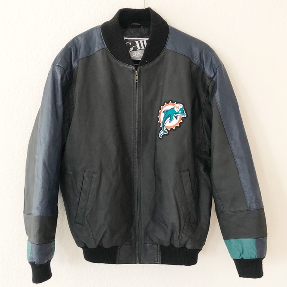 Vintage 90’s Miami Dolphins Leather Bomber Jacket - Picture 1 of 5